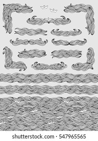 Set of hand drawn seamless pattern, banners, text dividers and corners with doodle waves and little paper boats in black and white