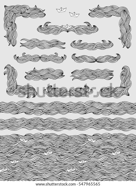 Set of hand drawn seamless pattern, banners, text\
dividers and corners with doodle waves and little paper boats in\
black and white