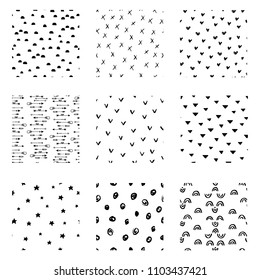 Set of hand drawn seamless patterns. Hand sketched tileable textures