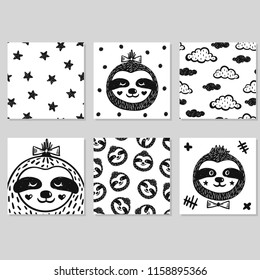 Set of hand drawn seamless patterns, prints, cards with cute baby sloths, clouds, stars in the scandinavian style. Black and white childish collection with funny sloth face. Adorable vector animals