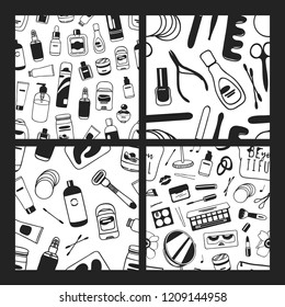Set of Hand drawn seamless patterns with cosmetics. Vector illustration. Actual background with beauty products. Original doodle style drawing Bath Things. Creative ink art work
