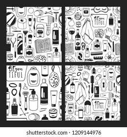 Set of Hand drawn seamless patterns with cosmetics. Vector illustration. Actual background with beauty products. Original doodle style drawing Bath Things. Creative ink art work