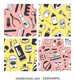 Set of Hand drawn seamless patterns with cosmetics. Vector illustration. Actual background with beauty products. Original doodle style drawing Bath Things. Creative ink art work