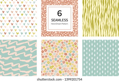 Set of hand drawn seamless patterns with pastel colors. Collection of doodle repeat vector backgrounds great for textile, wallpaper, invitations - Vector design  