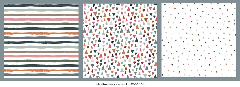 Set of hand drawn seamless patterns. Endless abstract vector backgrounds of simple primitive textures with dots, stripes, triangles.