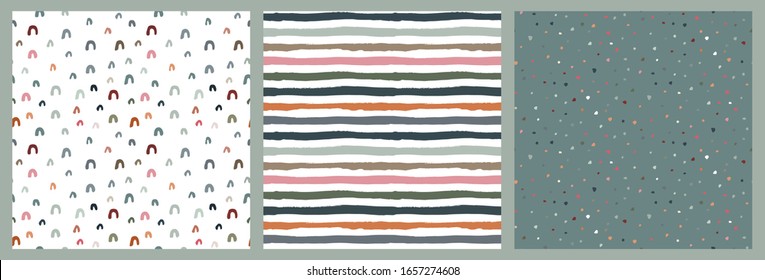 Set of hand drawn seamless patterns. Endless abstract vector backgrounds of simple primitive textures with dots, stripes.