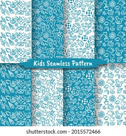 Set Of Hand Drawn Seamless Patterns for Kids, Doodle Kids Seamless Patterns