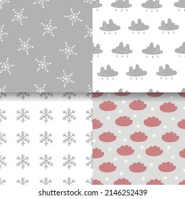 Set of hand drawn seamless patterns with cute clouds, stars, snowflakes