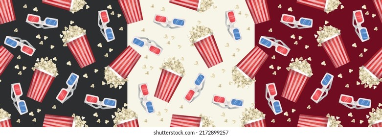 Set of hand drawn seamless patterns with cinema elements. Colorful texture with popcorn buckets and 3d glasses on different backgrounds. Can be used for thematic wallpapers, package and surface design