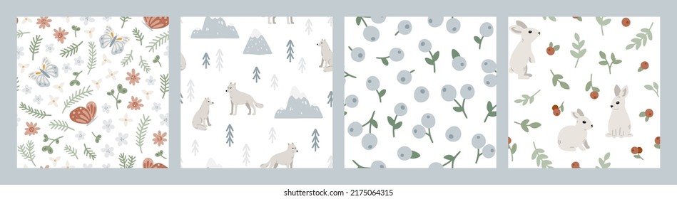 Set of hand drawn seamless patterns with forest animals and plants. Cute Scandinavian endless background with butterfly, wolf and rabbit. Childish texture for apparel, wallpaper and prints