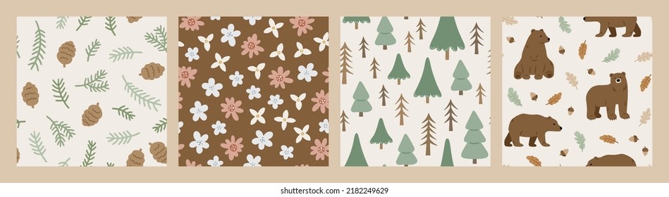 Set of hand drawn seamless patterns with forest animals and plants. Cute Scandinavian endless background with bear, pine tree, cone and flower. Childish texture for apparel, wallpaper and prints