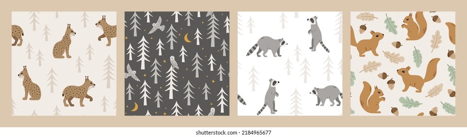 Set of hand drawn seamless patterns with forest animals and plants. Cute Scandinavian endless background with lynx, owl, raccoon and squirrel. Childish texture for apparel, wallpaper and prints