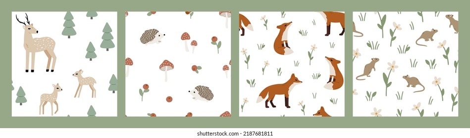 Set of hand drawn seamless patterns with forest animals and plants. Cute Scandinavian endless background with deer, hedgehog, fox and mouse. Childish texture for apparel, wallpaper and prints