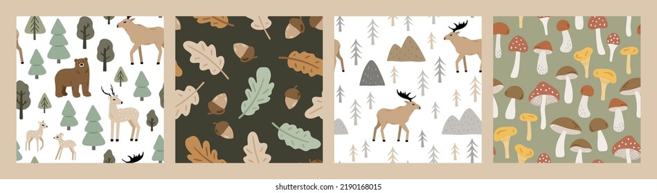 Set of hand drawn seamless patterns with forest animals and plants. Cute Scandinavian endless background with bear, deer and moose. Childish texture for apparel, wallpaper and prints