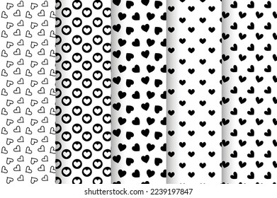 Set of Hand drawn seamless patterns with hearts  isolated on white.  Stylish monochrome doodles. Vector