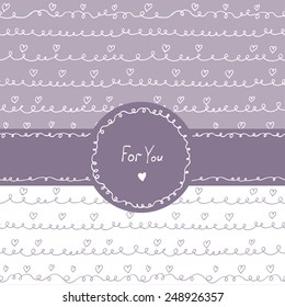 Set of hand drawn seamless patterns  with frame and ribbon. Hearts, waves  lines. Cute  backgrounds. Can be used for a package, for printing onto fabric and paper for scrapbooking or card template