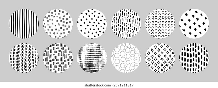 Set of hand drawn seamless patterns in black and white circles. Includes abstract stripes, dots, dashes, arcs, and geometric shapes. Ideal for backgrounds, stationery, packaging, and digital designs