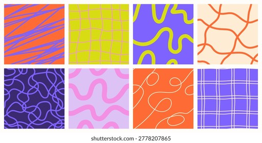 Set of hand drawn seamless patterns with abstract organic lines, check, wavy scribbles and doodle shapes. Minimalist vibrant tiles for wallpaper, textile and packaging. Swatches included.