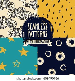 set of hand drawn seamless patterns, asian style clouds, rain and stars, vector illustration