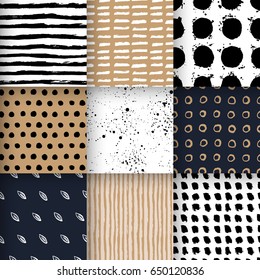 Set of hand drawn seamless patterns with shapes, stripes, waves, polka dot, leafs, splashes. Vector backgrounds in minimalist scandinavian design.