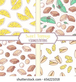 Set of hand drawn seamless patterns with lemon, pistachio, chocolate and mint. Sweet toppings backgrounds. Vector illustration