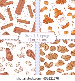 Set of hand drawn seamless patterns with cinnamon, bourbon caramel, peanut and coffee beans. Sweet toppings backgrounds. Vector illustration