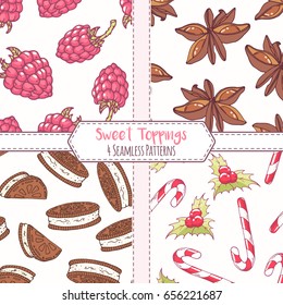 Set of hand drawn seamless patterns with raspberry, anise star, chocolate cookie and christmas candycane. Sweet toppings backgrounds. Vector illustration