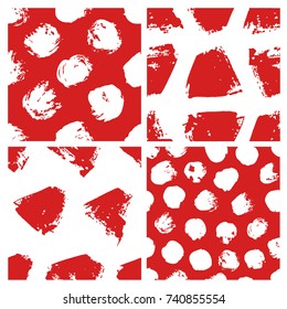Set of Hand drawn seamless patterns with red paint forms. Abstract brush background. Grunge vector illustration circles, triangles