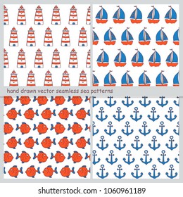 set of hand drawn seamless sea patterns