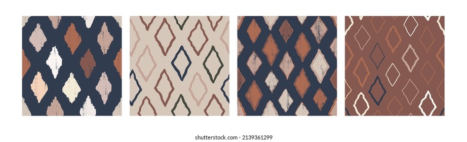 Set of hand drawn seamless textured pattern with rhombus and diamonds for backgrounds, fabrics and wrapping paper, vector illustration