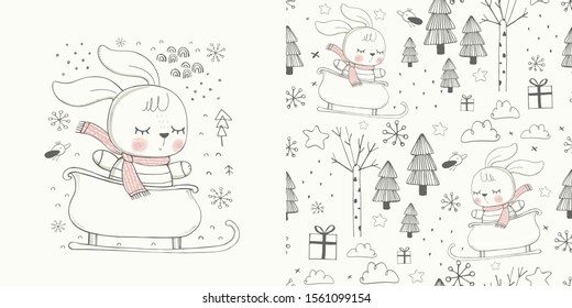 Set .Hand drawn seamless vector pattern and a cute Bunny on sledge. hand drawn vector illustration for Christmas, kids textile print, wallpaper, wrapping paper.