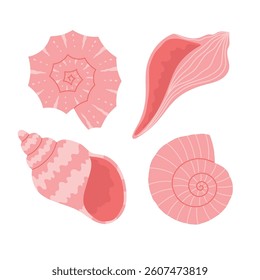 Set of hand drawn seashells in pink colors. Design elements for print, sticker, greeting card and invitation. Isolated vector illustration