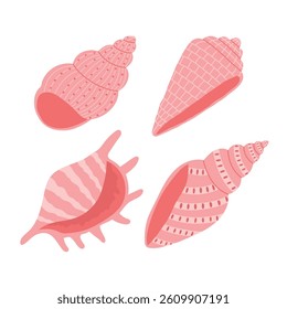 Set of hand drawn seashells in pink colors. Design elements for print, sticker, greeting card and invitation. Isolated vector illustration