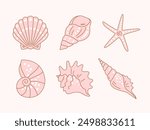 Set of hand drawn seashells and starfish of various shapes. Vector isolated simple symbol icons in solid pink color with outline in flat style. Marine themed design elements.
