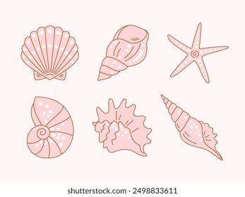Set of hand drawn seashells and starfish of various shapes. Vector isolated simple symbol icons in solid pink color with outline in flat style. Marine themed design elements.