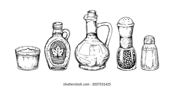 Set of hand drawn seasonings. Vector illustration in sketch style