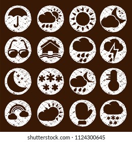 Set of  hand drawn seasons  icons isolated on brown background,  hot, moon, summer, rain,  Flat design trend, snow, vector 