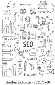 Set of hand drawn seo elemetns. Can be used for background, poster, banner and web sites.