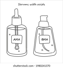 Set of hand drawn serums with AHA- and BHA-acids outline,  isolated vector illustration on white background