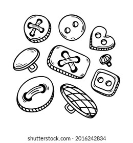 Set of hand drawn sewing buttons of different shapes isolated on a white background. Doodle, simple outline illustration. It can be used for decoration of textile, paper.
