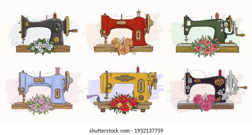 Set of hand drawn sewing machines and flowers. Vector illustration