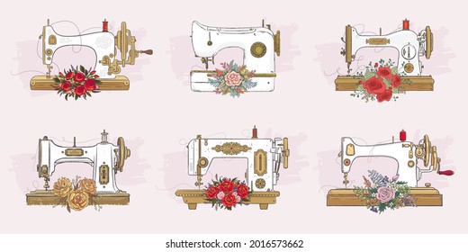 Set of hand drawn sewing machines and flowers isolated on background. Vector illustration