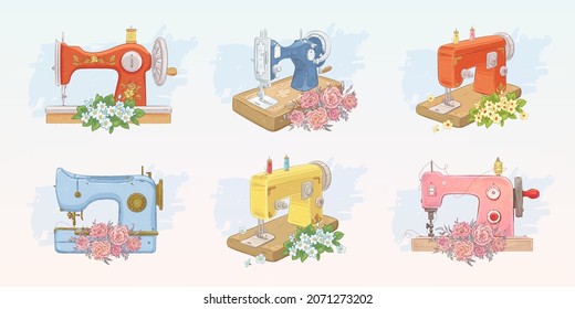 Set of hand drawn sewing machines and flowers. Vector illustration