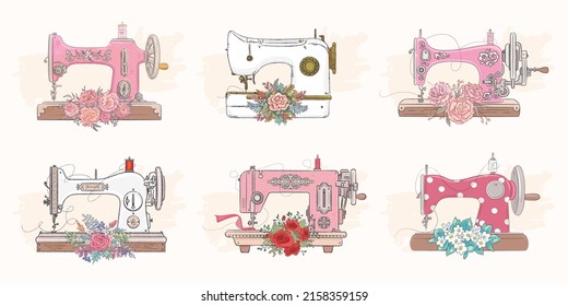 Set of hand drawn sewing machines and flowers. Vector illustration