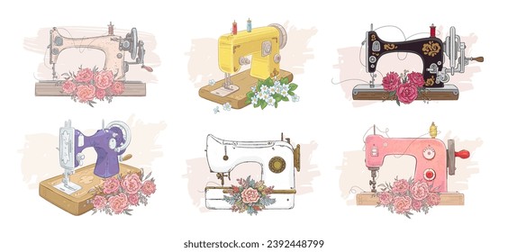 Set of hand drawn sewing machines and flowers. Vector illustration