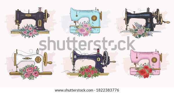 Set of\
hand drawn sewing machines. Vector\
illustration