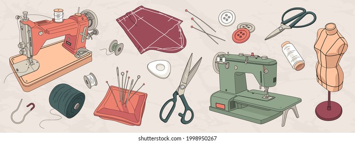 Set of hand drawn sewing studio elements isolated on background. Vector illustration