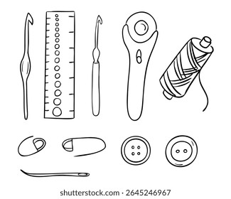 Set of hand drawn sewing tools including crochet hooks, thread, buttons, and measuring ruler. Represents crafting, textile work, and handmade creativity in fashion and DIY projects