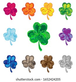 Set of hand drawn shamrock leaves of bright colors for  your St. Patrick's Day design. Vector illustration.