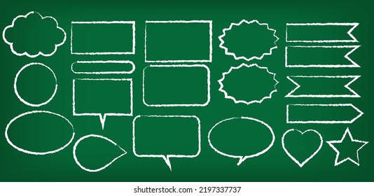 Set of hand drawn shape on chalkboard.White chalk crayon.Set of elements.Speech bubble shapes.Collection of banner for chat and advertising.Doodle.Vector illustration.Graphic design.